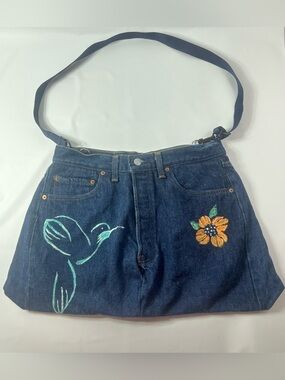 One Of A Kind Upcycled Levis Denim Crossbody Tote Lined&Hand-Painted Bird&Flower